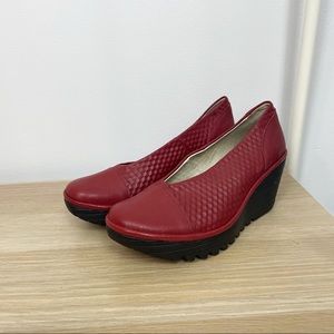Fly London Red Leather Yena Slip On Comfort Wedge Shoes